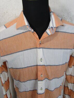 Hammer Made Men's Striped Button Down Shirt Orange White Blue Size 39 / 15.5